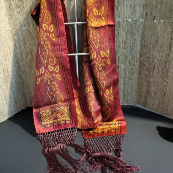 Vintage Echo Silk Tassel Scarf – Rust & Gold Paisley, 80” Bohemian Luxe - Picture 4 of 8